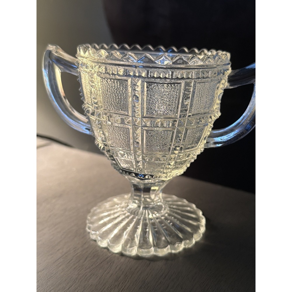 Vintage Clear Pressed Glass Footed Sugar Dish Scalloped Rim Double Handled‎ EAPG